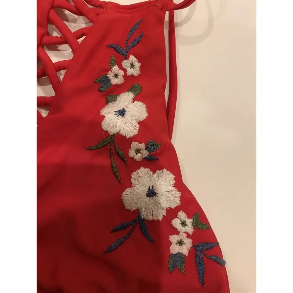 Hollister Strappy Racer Back High-Neck Crop Tank Bikini Top Floral Red XS - EUC